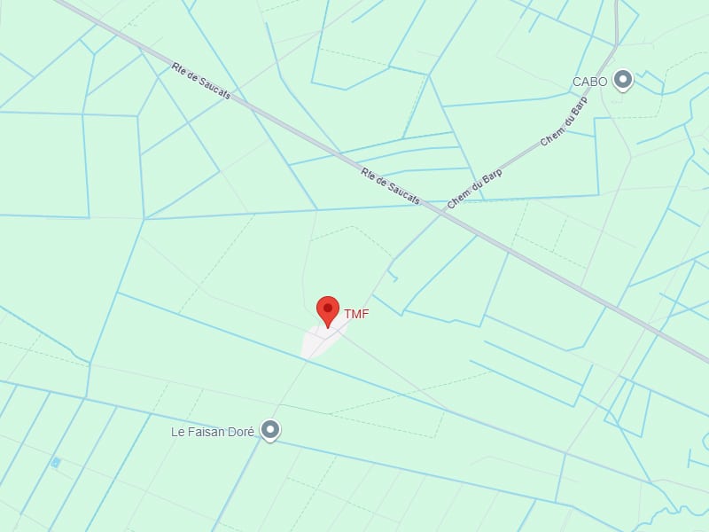 Localisation TMF : Carte de Saucats et Chemin du Barp Carte Google Maps situant TMF près de la route de Saucats, du chemin du Barp et du lieu-dit Le Faisan Doré.